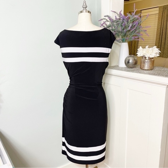 Ralph Lauren Black Striped Ruched Sheath Dress 14 Large - Picture 5 of 9